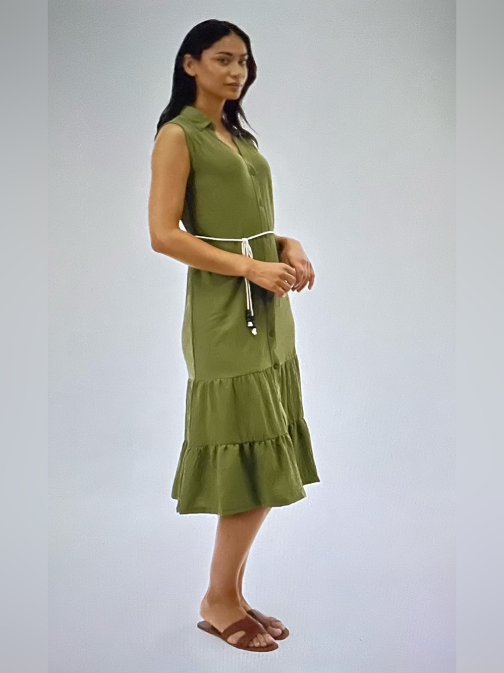 Sleeveless Light Tan Rope Belted Button Down Dress